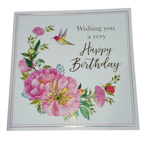 Card Wishing You A Very Happy Birthday Hummingbird & Flowers On White