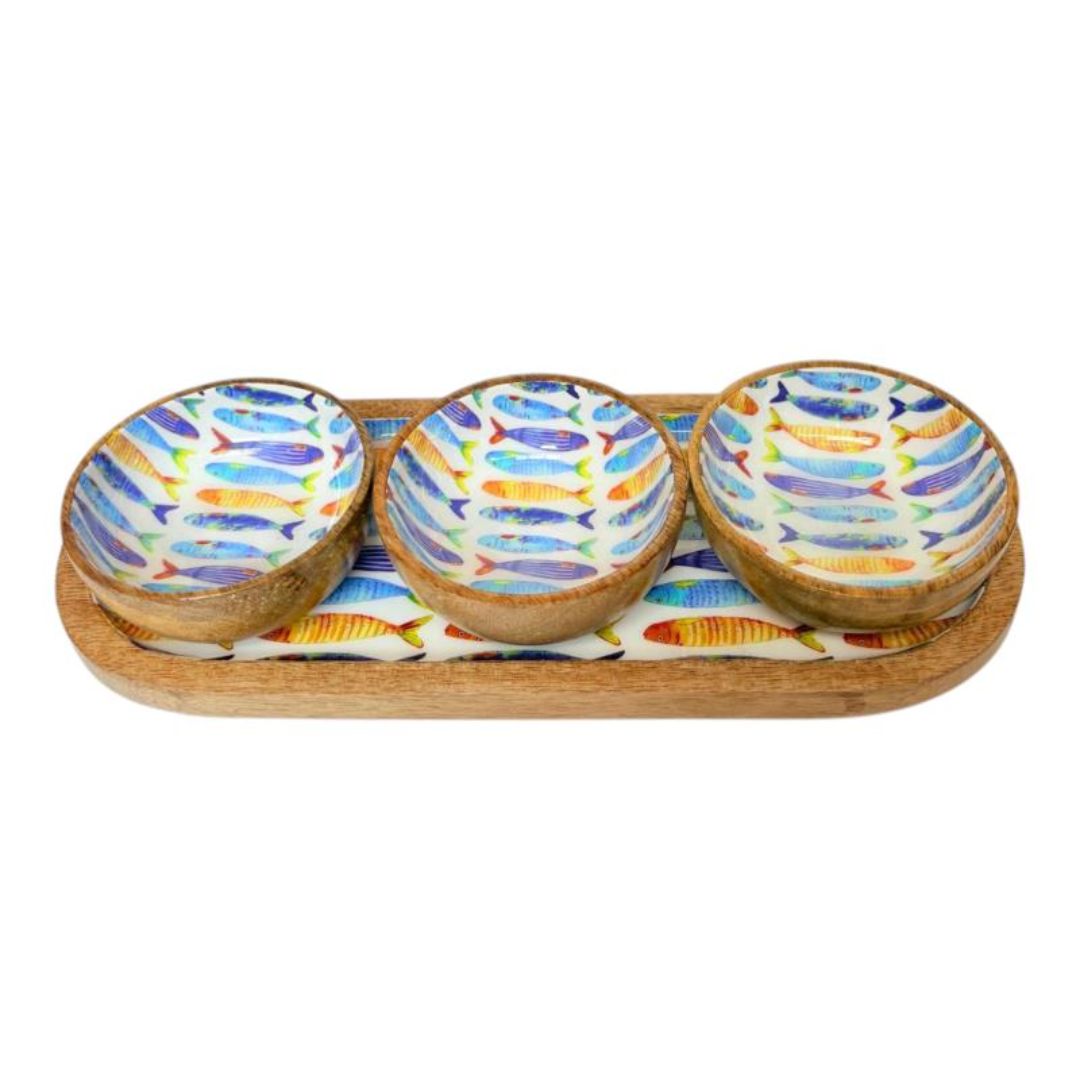 Mango Wood Tray W/3 Bowls Fish 33x13cm