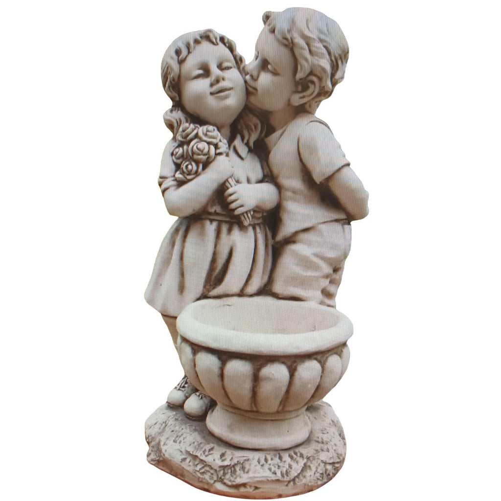 Boy & Girl Kissing At Flowerpot Statue  31x28x61cm