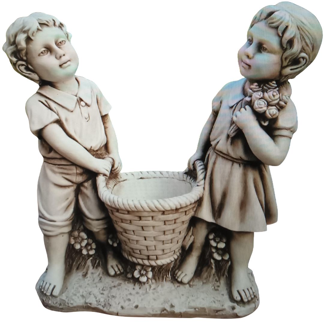 Girl & Boy Carrying Basket Flowerpot Statue 52x21x54cm