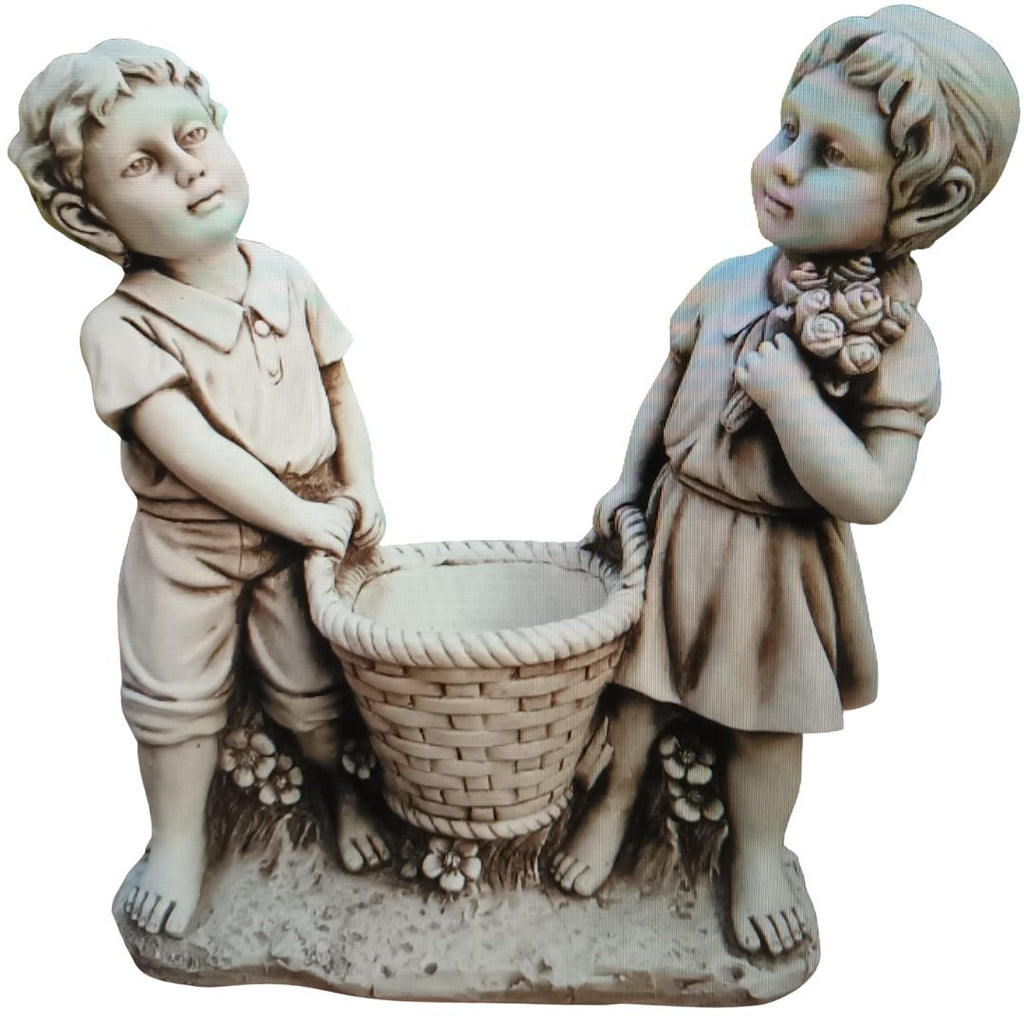 Girl & Boy Carrying Basket Flowerpot Statue 52x21x54cm